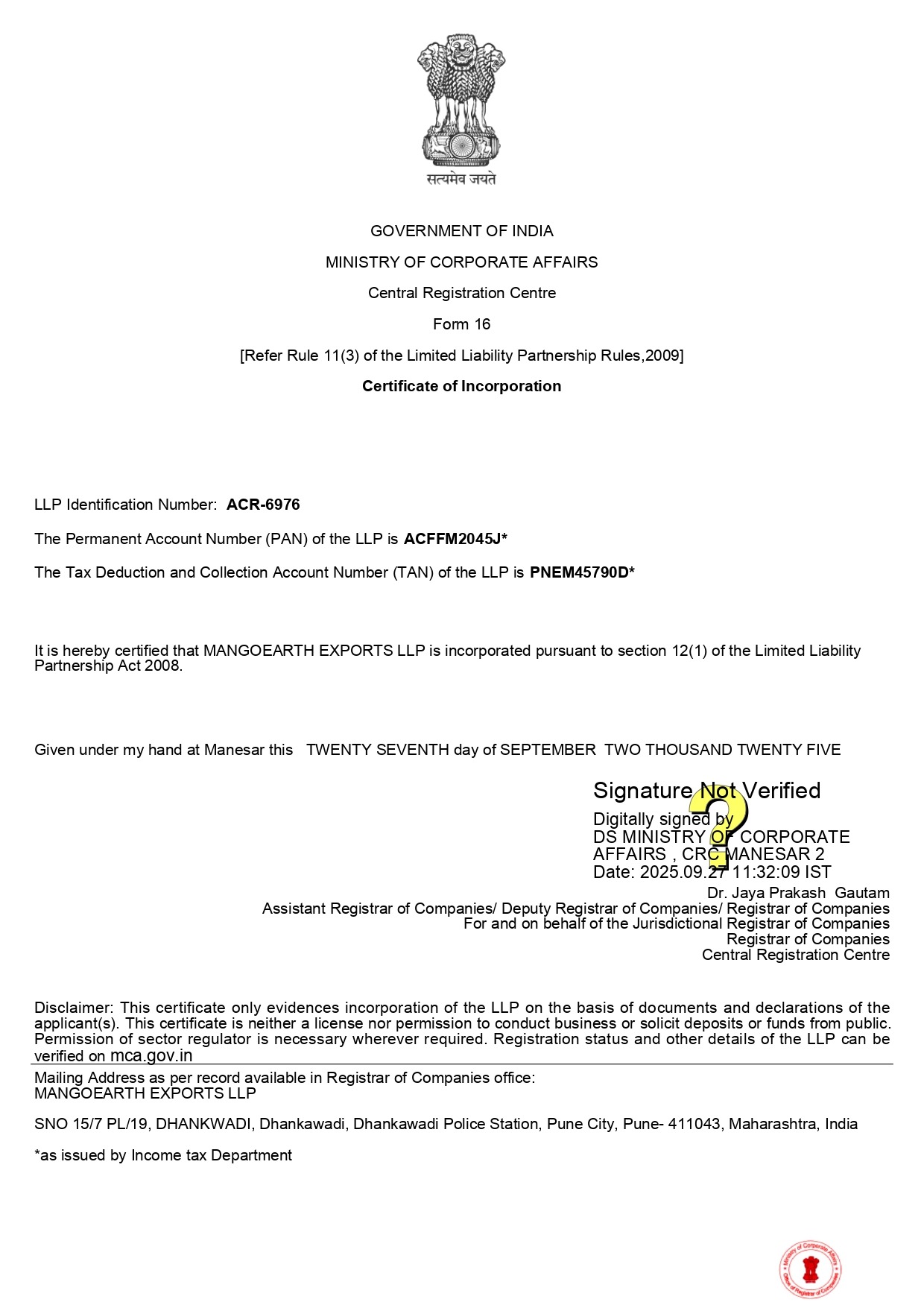 Certificate of Incorporation MangoEarth Exports LLP
