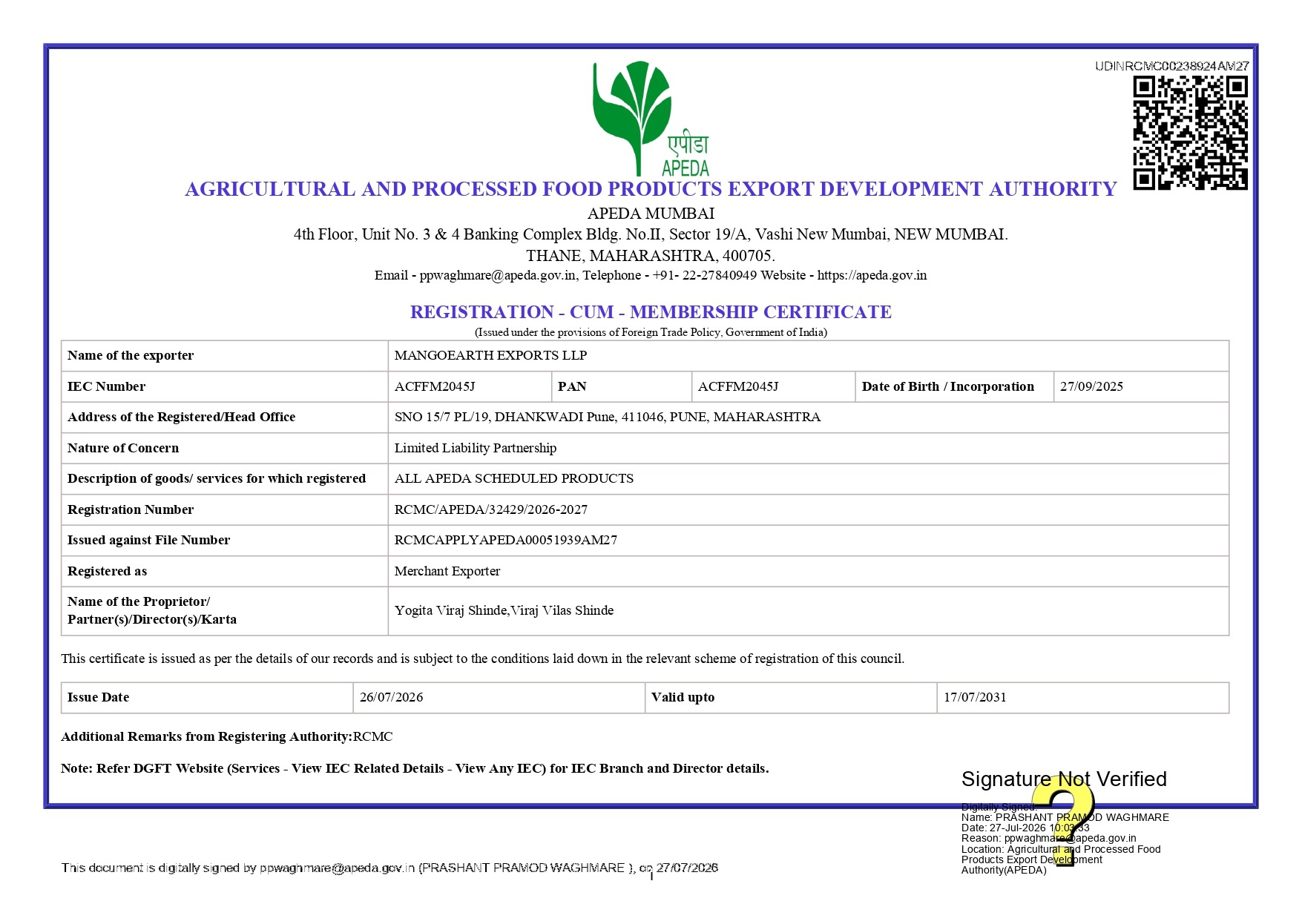 APEDA RCMC Certificate MangoEarth Exports