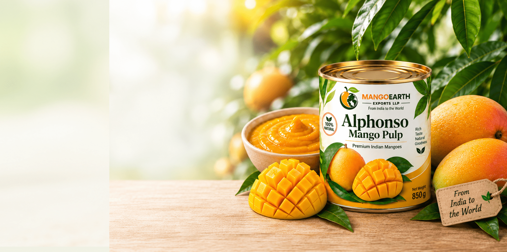 Mangoearth Alphonso mango pulp tin can, slices and bowl on orchard table