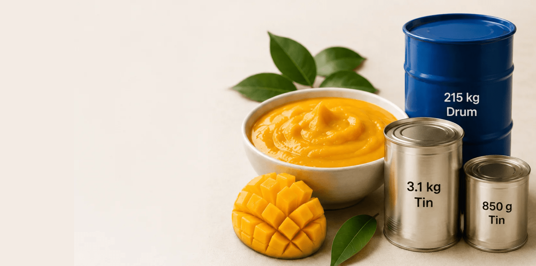 Mango fruit pulp with 215kg drum and tins packaging